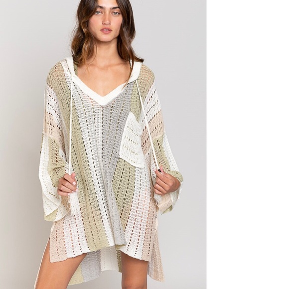 POL CLOTHING Knit stripe hoodie bikini cover up beach hoodie sweater white vneck - Picture 2 of 11